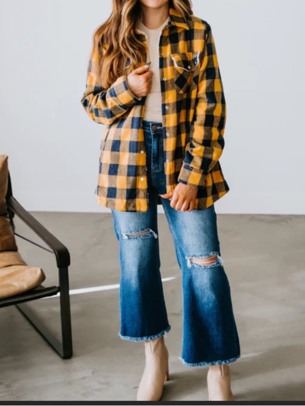 Lauriebelles Yellow and Navy Plaid Shacket - Picture 2 of 4